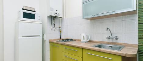 A compact kitchen with a refrigerator, microwave, stove, sink, and cabinets.