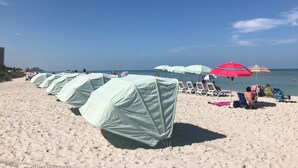 A beach with rows of covered lounge chairs and umbrellas, a clear sky, and the ocean in the background. - BLUE PARADISE !!  VANDERBILT BEACH, WALK TO MERCATO FOR SHOPPING AND  NIGHT LIFE (Naples)