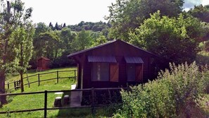 A rustic cabin with a sloped roof and a wooden fence in a lush, green setting.