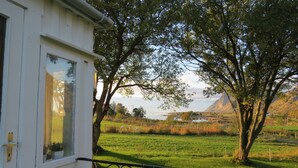 Un bâtiment blanc avec une fenêtre et une porte, un arbre au premier plan et un champ verdoyant avec des moutons à l’arrière-plan.