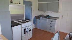 Une cuisine de taille réduite, équipée d’une cuisinière, d’un four et d’un évier.