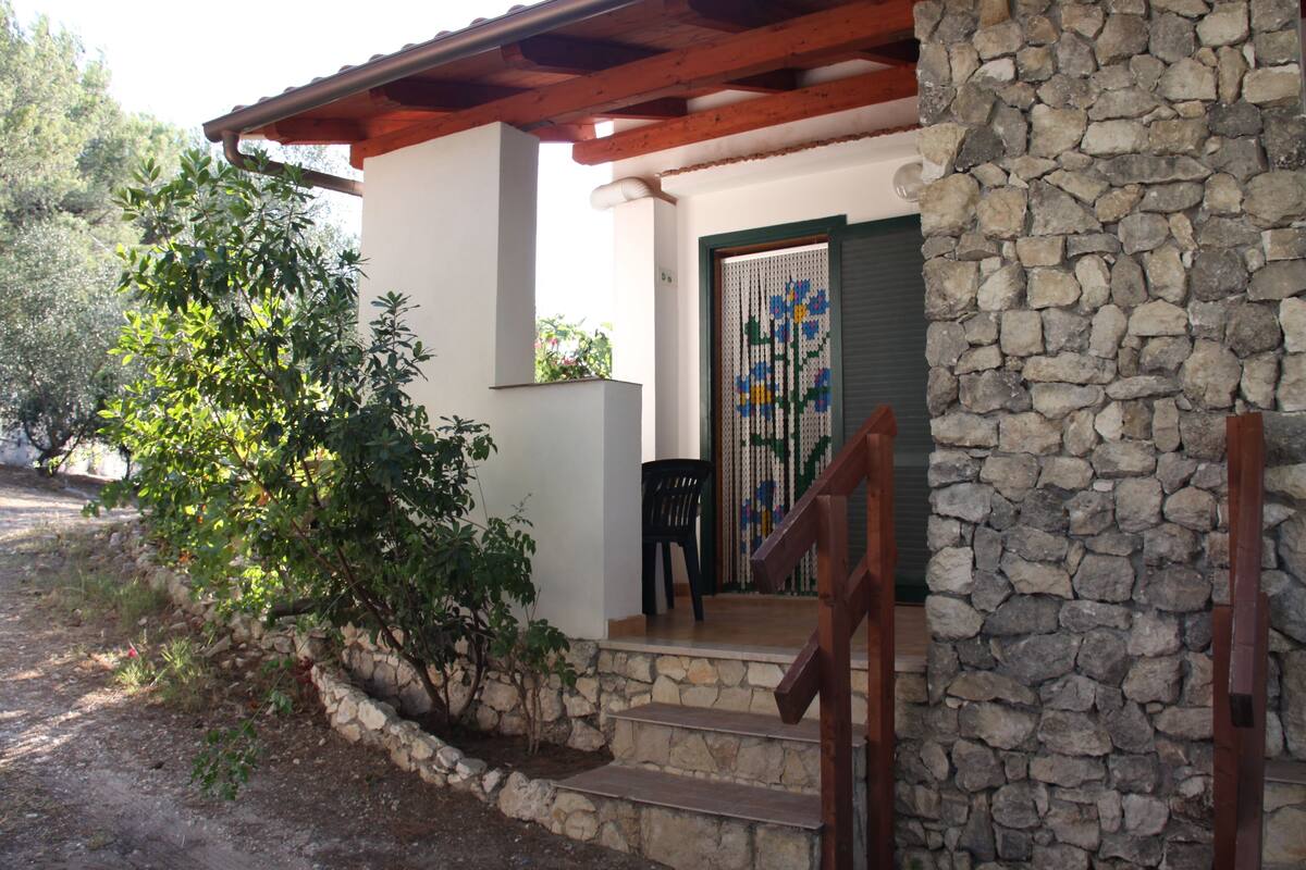 A stone building with a wooden staircase leading to a door with a green shutter.
