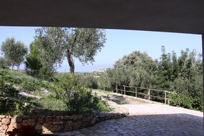 A stone pathway leading to a wooden fence overlooking a coastal landscape with olive trees and a clear sky. - Residence gli stingi (Vieste)