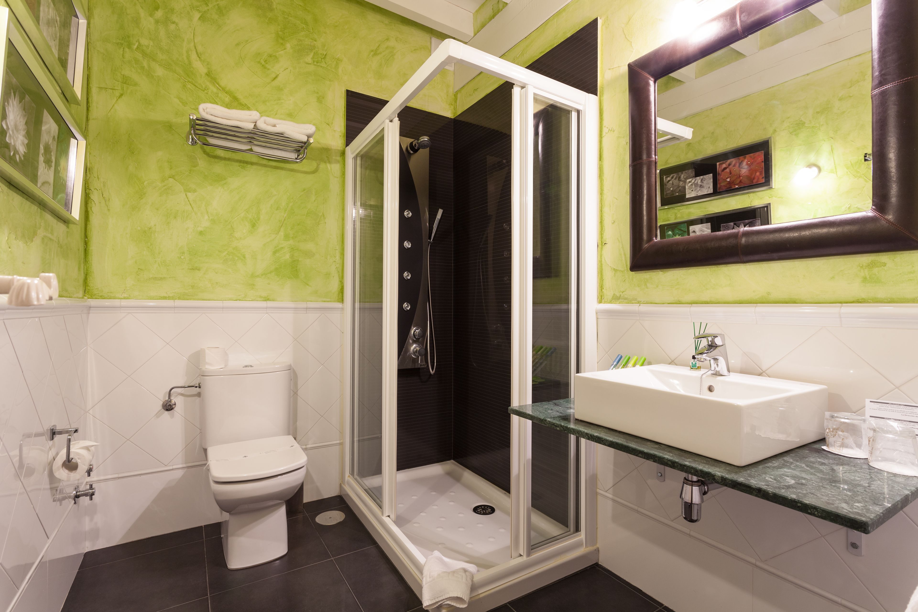 Un bagno con doccia vetrata, un water e un lavabo con piano in marmo.