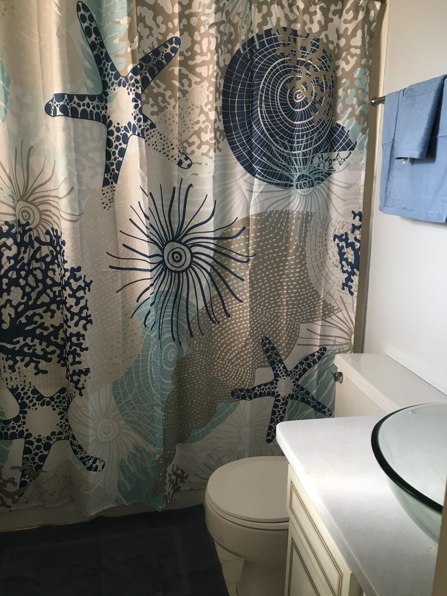 Un baño con cortina de ducha decorada con criaturas marinas, un inodoro y un lavabo de vidrio.