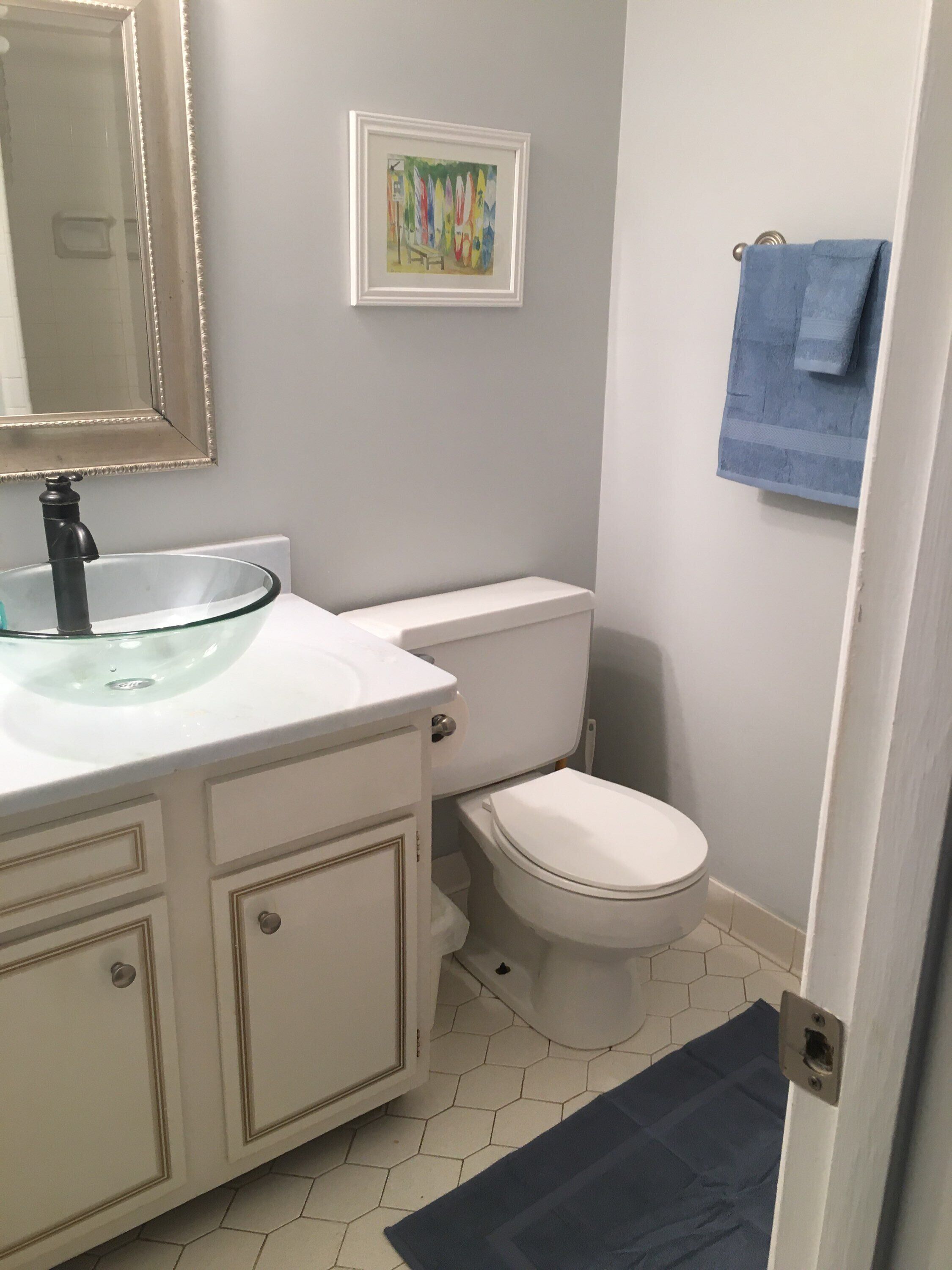 Un bagno con un lavandino in vetro, un water bianco e un quadro appeso al muro.