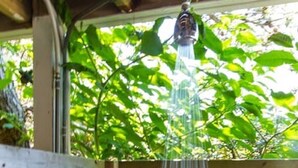 A wooden outdoor shower enclosure with a bird sculpture and a water spout.