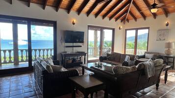 Taulutelevisio, DVD-soitin, kirjoja, videokirjasto