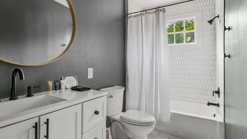 Hair dryer, soap, shampoo, toilet paper
