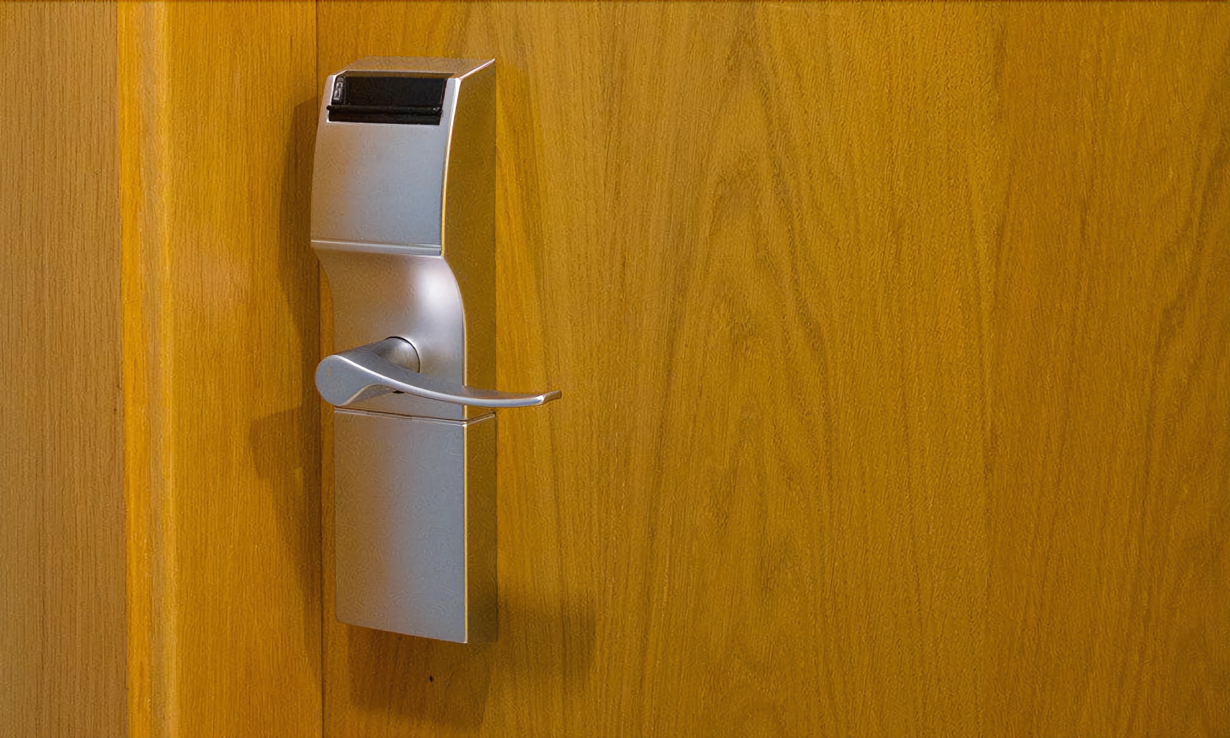 A modern door with a built-in digital lock and a keyhole.