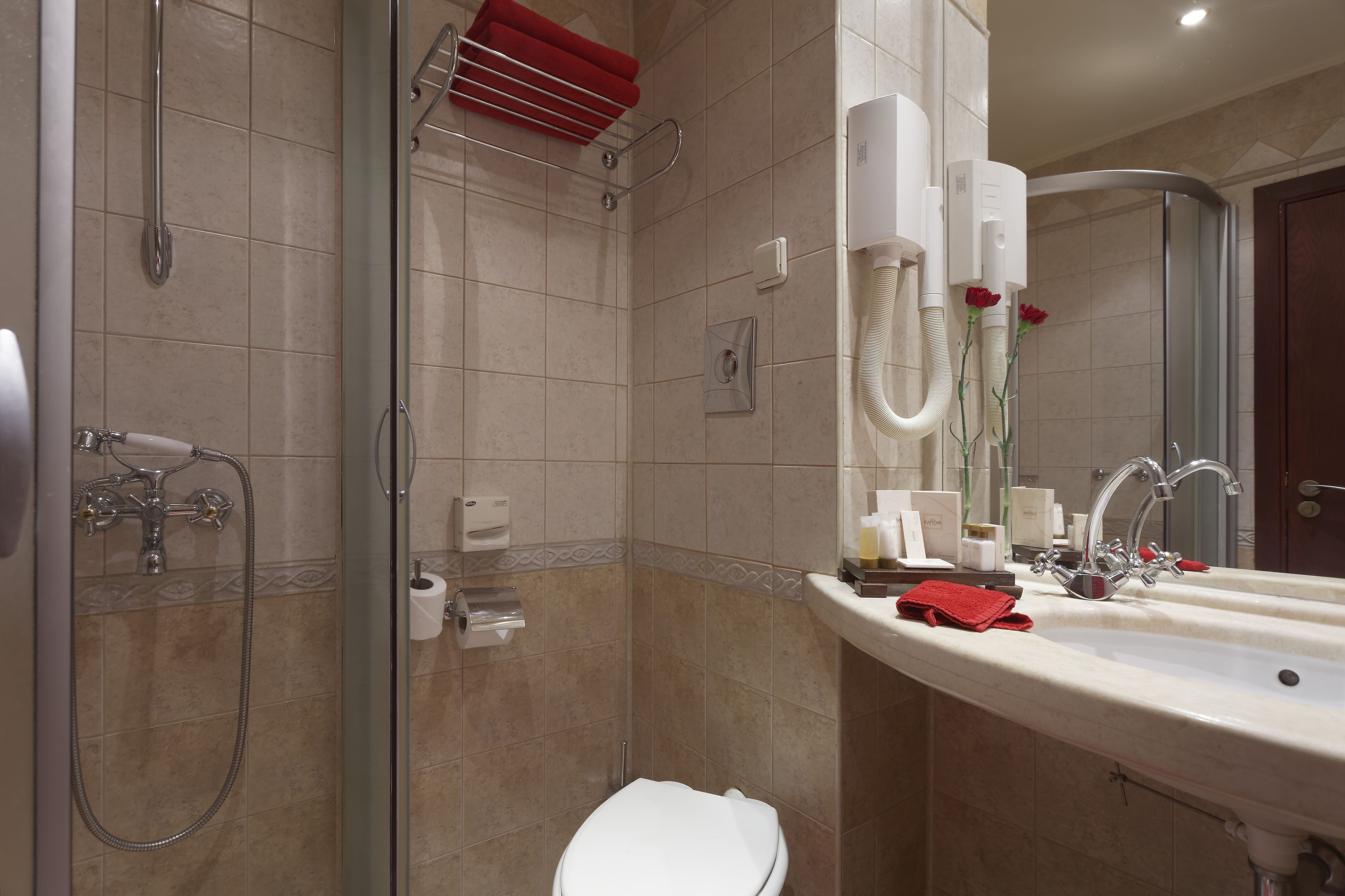 A bathroom with a shower, toilet, sink, and a mirror.