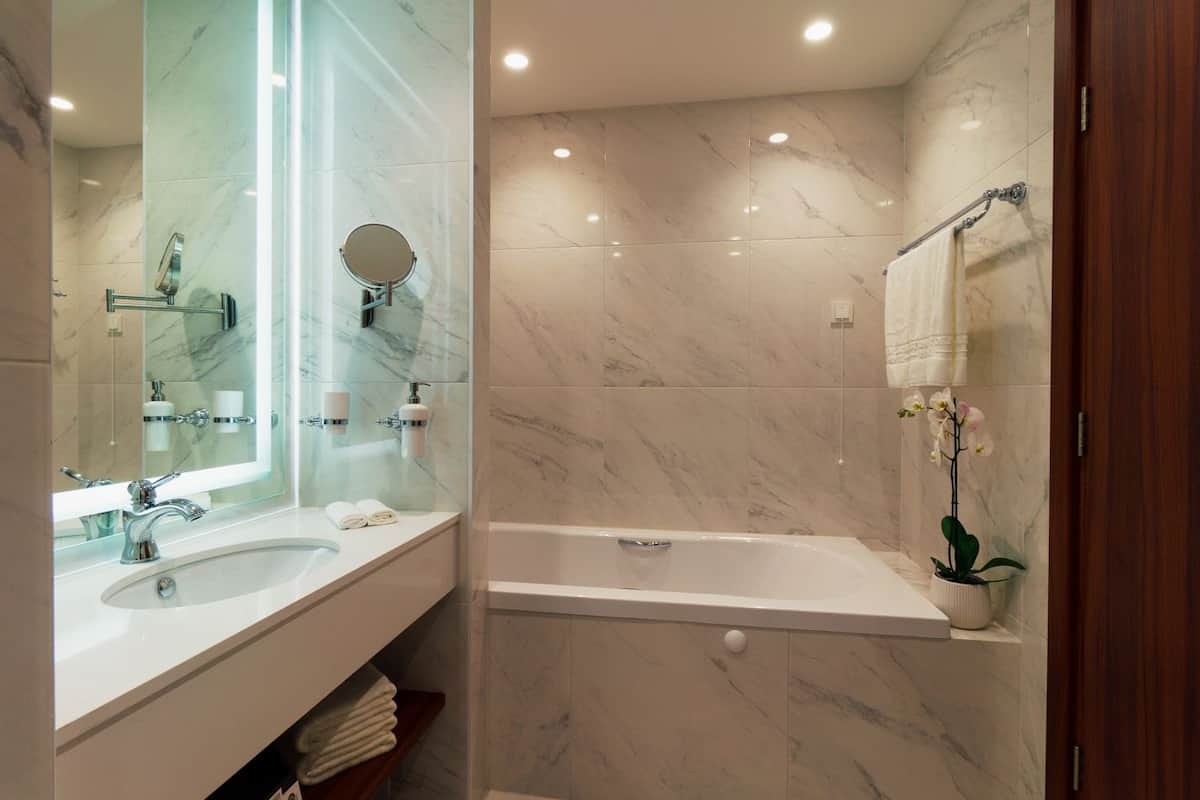 separate bathtub and shower, free toiletries, hair dryer, bathrobes