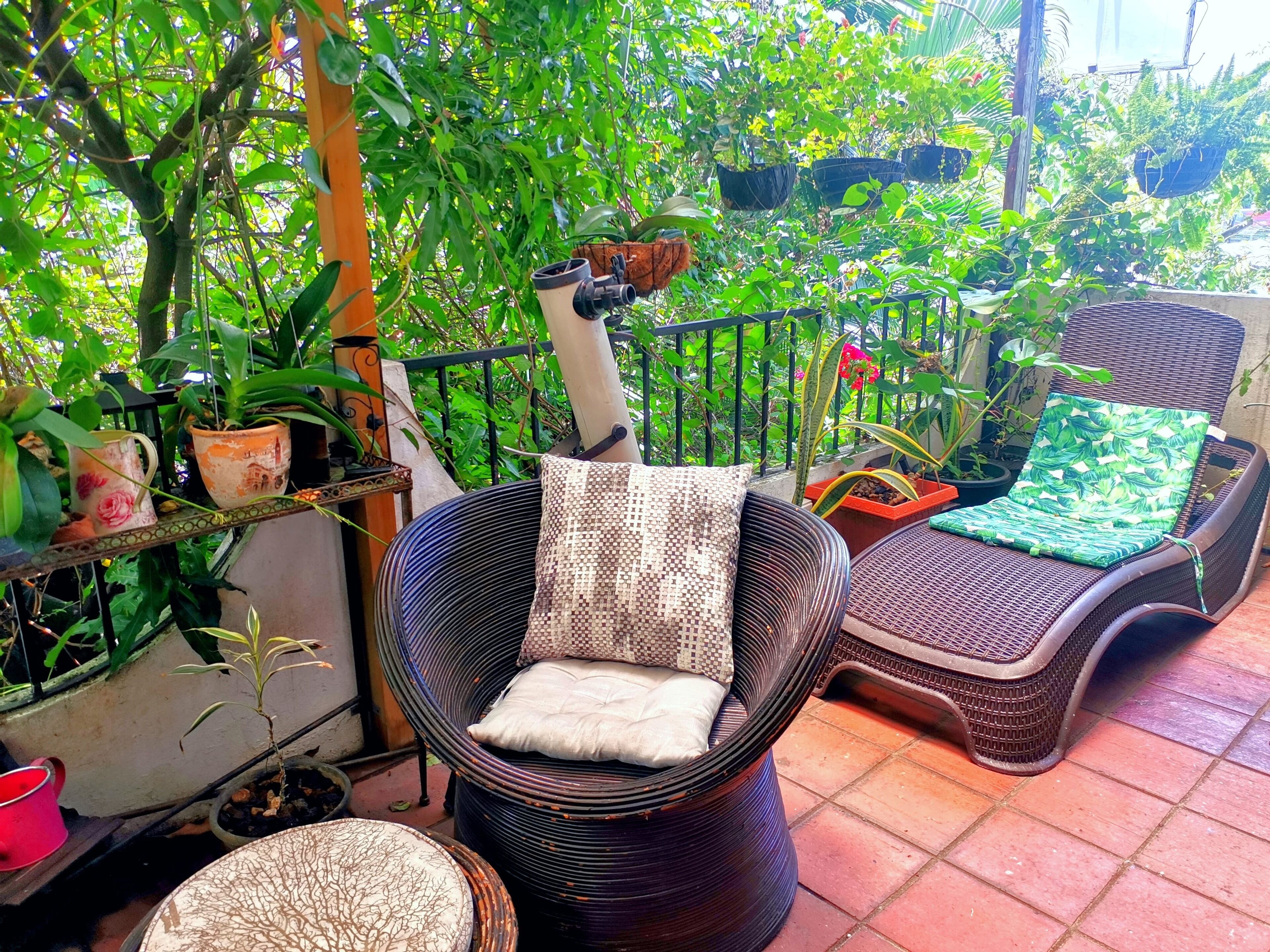 A wicker chair with a cushion, a lounge chair with a cushion, and a small table with a decorative item.