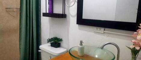 Casa de banho com lavatório de vidro, sanita, cortina de chuveiro, uma pequena planta em vaso e espelho.