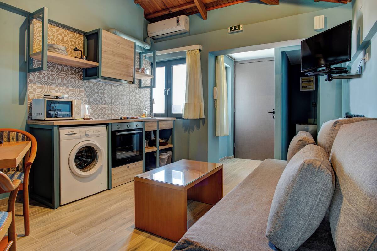 A compact living space with a kitchenette, a washing machine, a sofa, and a television.