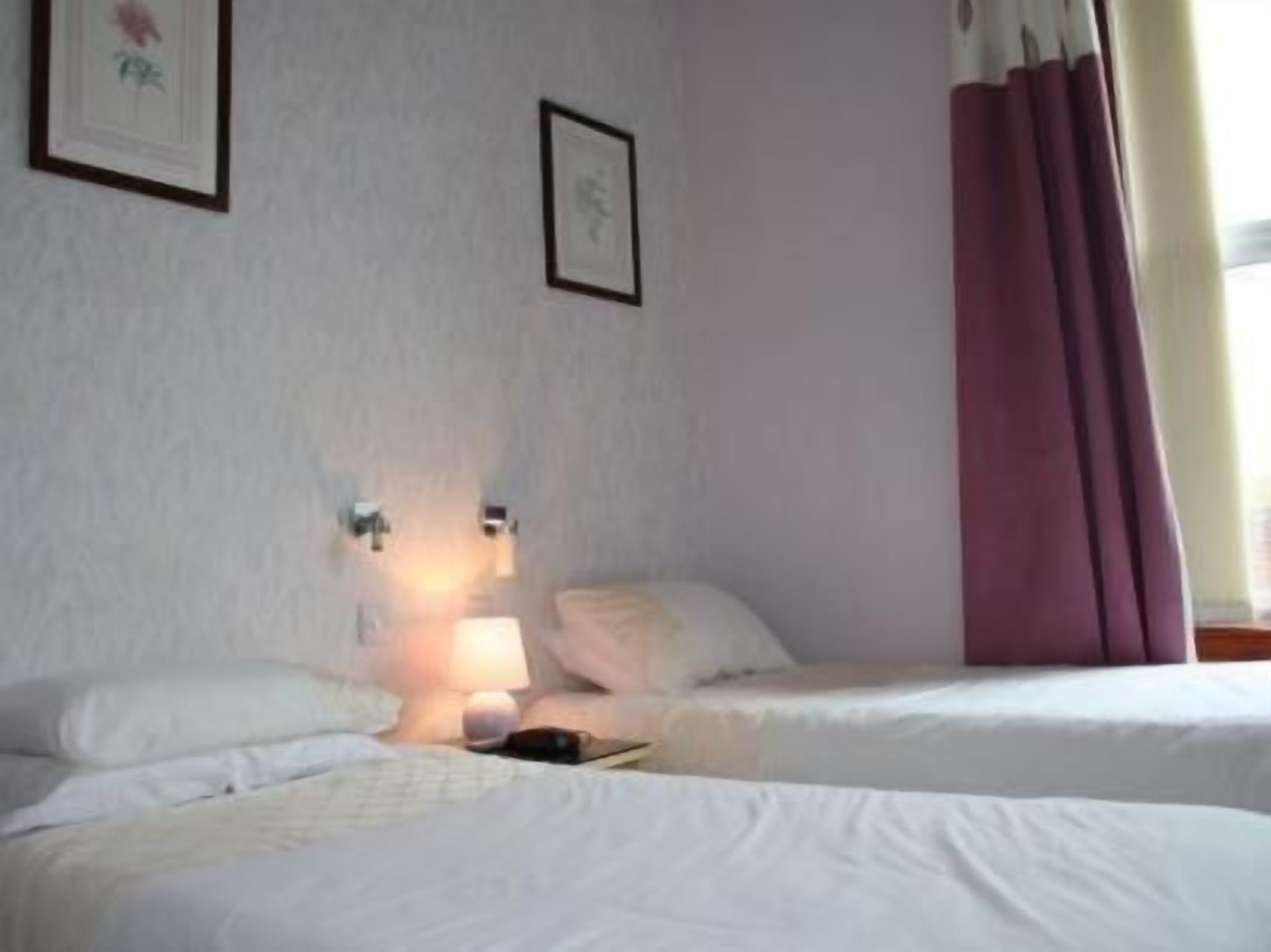 Une chambre d’hôtel avec deux lits, une table de chevet avec une lampe et un tableau encadré au mur.
