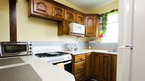 A compact kitchen with wooden cabinets, a microwave, a stove, and a refrigerator. - New Kingston Most Central Guest Apt (Kingston)