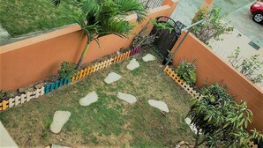 A courtyard with a palm tree, a small garden, and a paved pathway. - New Kingston Guest Apt at The Stadium (Kingston)