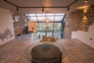 An interior with a glass table, a sculpture, and a view through a skylight.
