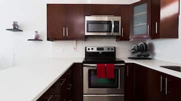 Apartamento superluxo, 1 quarto, vista para a montanha | Cozinha privada | Geladeira grande, micro-ondas, fogão, cooktop