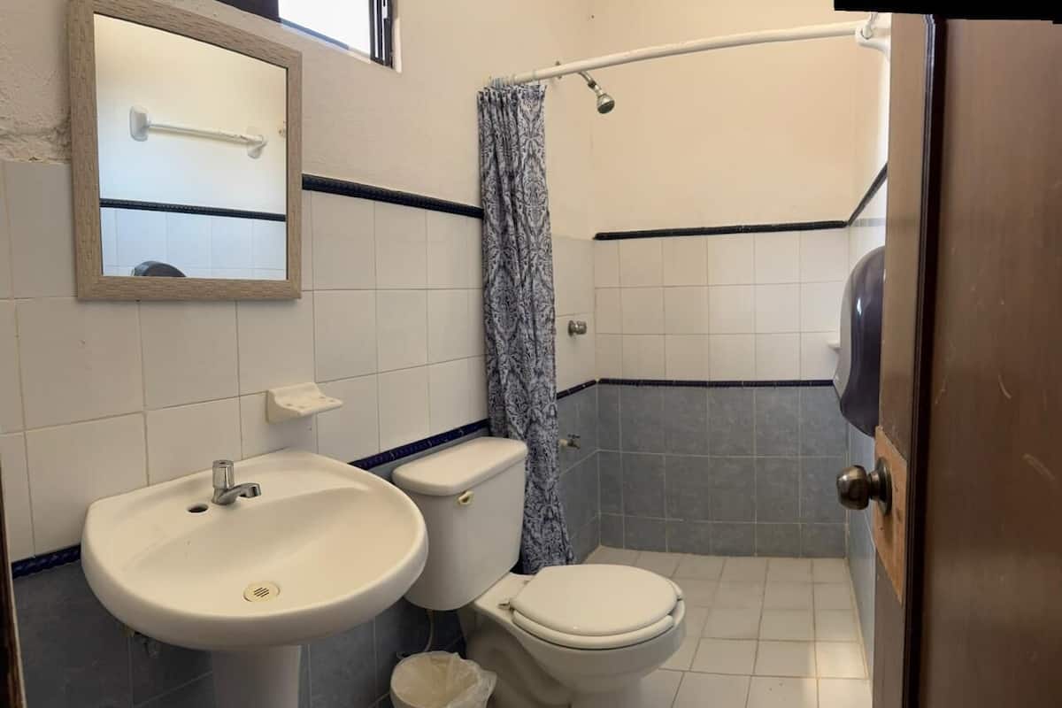 Shower, towels, soap, shampoo