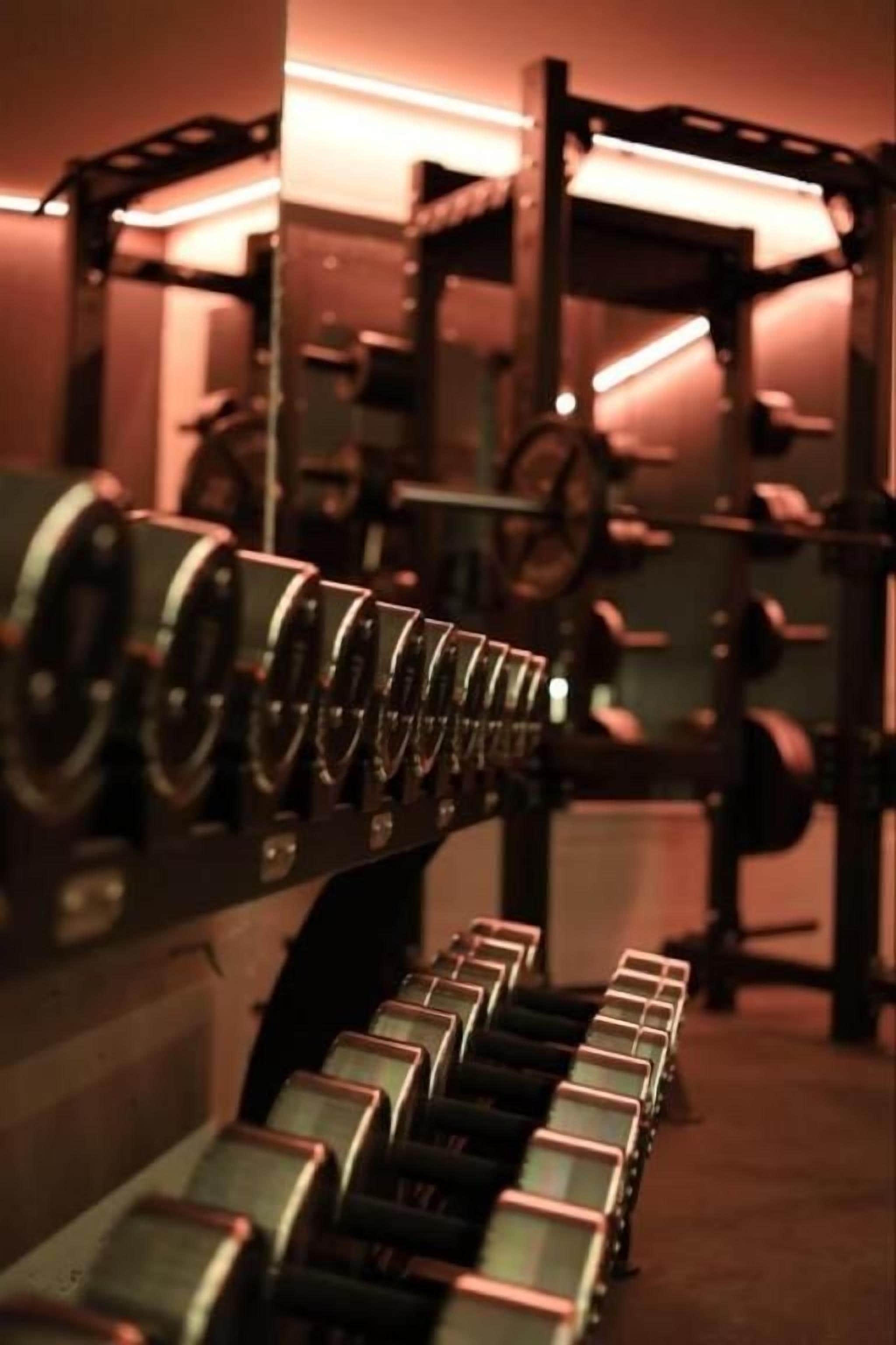 Une salle de sport équipée de matériel de musculation, notamment un banc de développé couché et divers haltères.