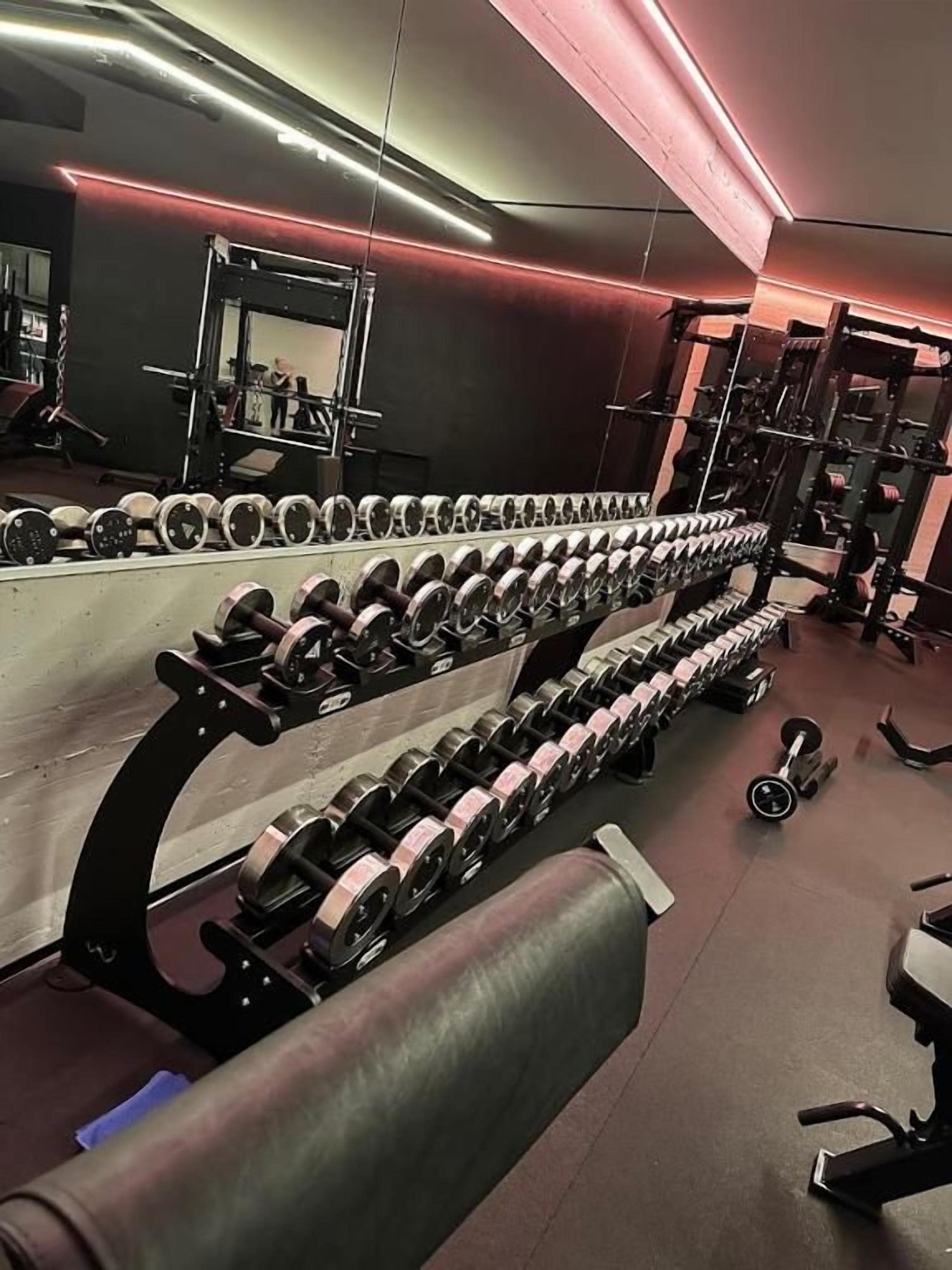Un gimnasio con filas de mancuernas, discos de pesas y equipamiento de ejercicio.