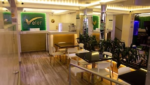 A modern hotel lobby with a reception desk, seating area, and plants. - Hotel Veler (Medellín)
