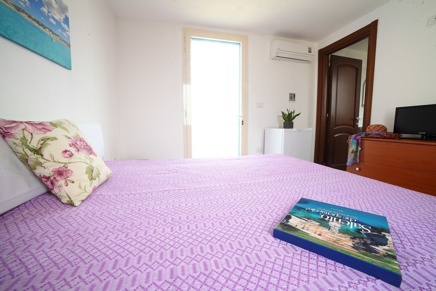 Un dormitorio con una cama, un almohadón, un libro, un televisor y una puerta.
