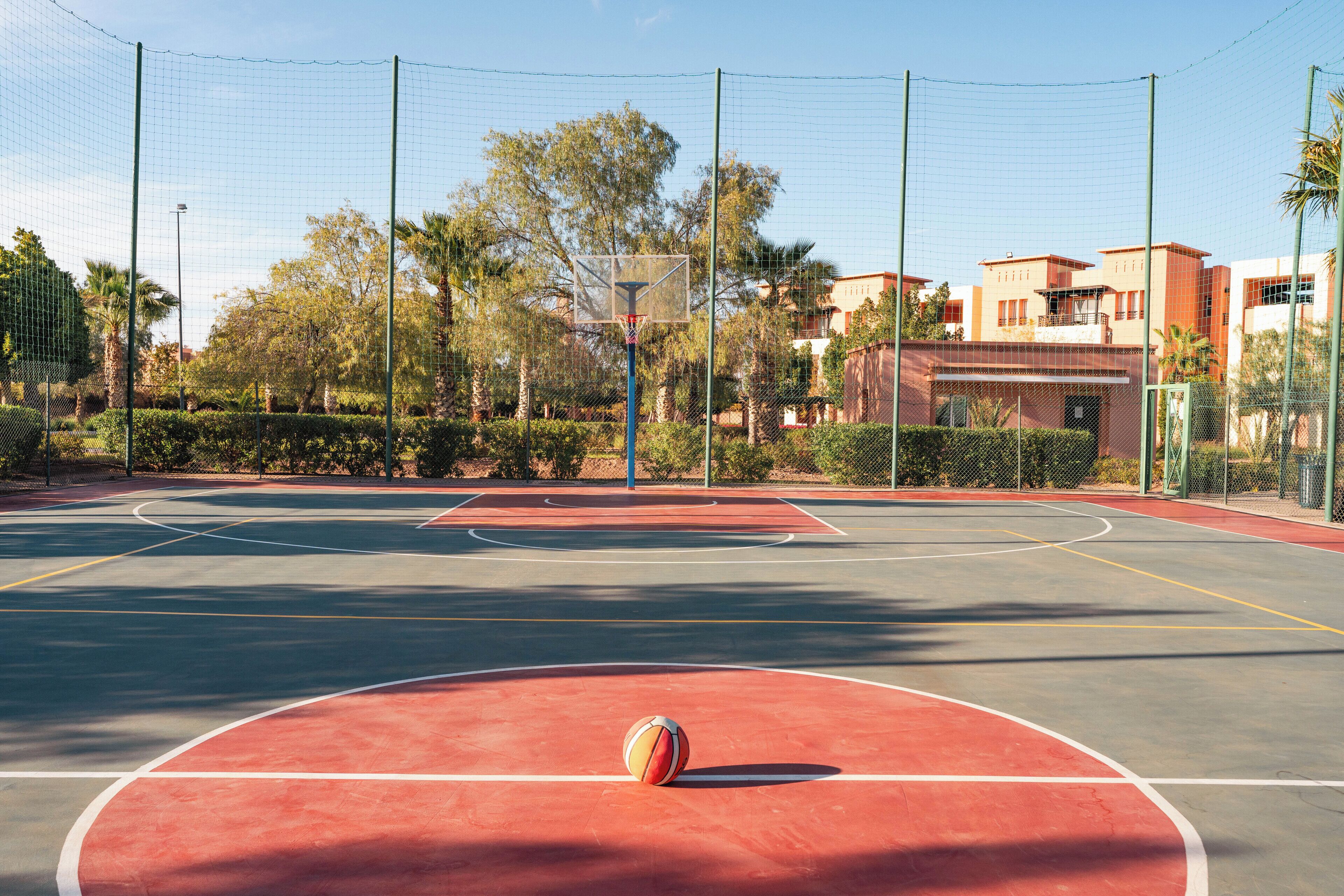 An outdoor basketball court with a netted enclosure, surrounded by trees and buildings.