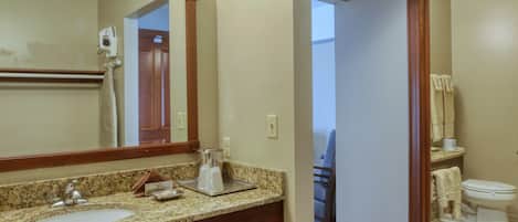 A bathroom with a granite countertop sink, a large mirror, and a toilet.