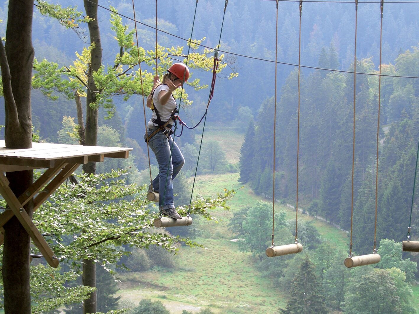 A person on a zip line course with a forested valley in the background.
