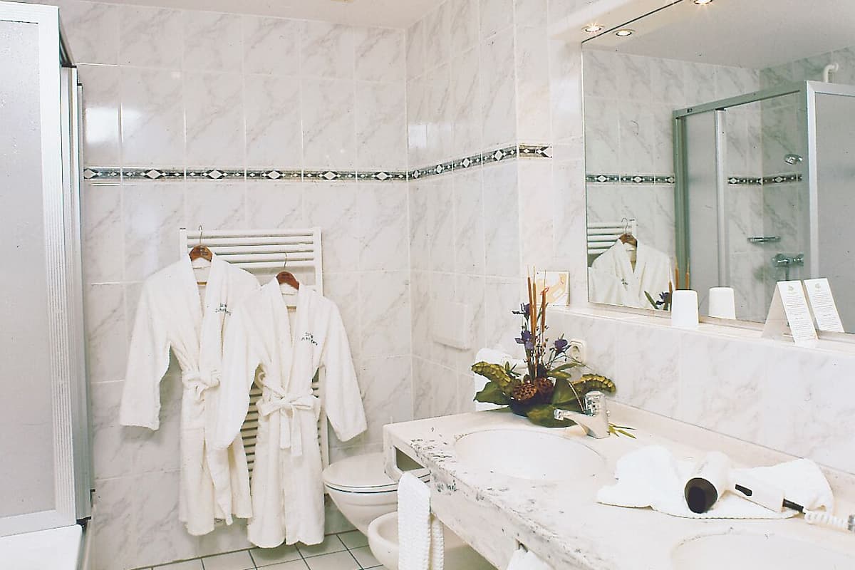 superior room | bathroom | shower, hair dryer, bathrobes, slippers