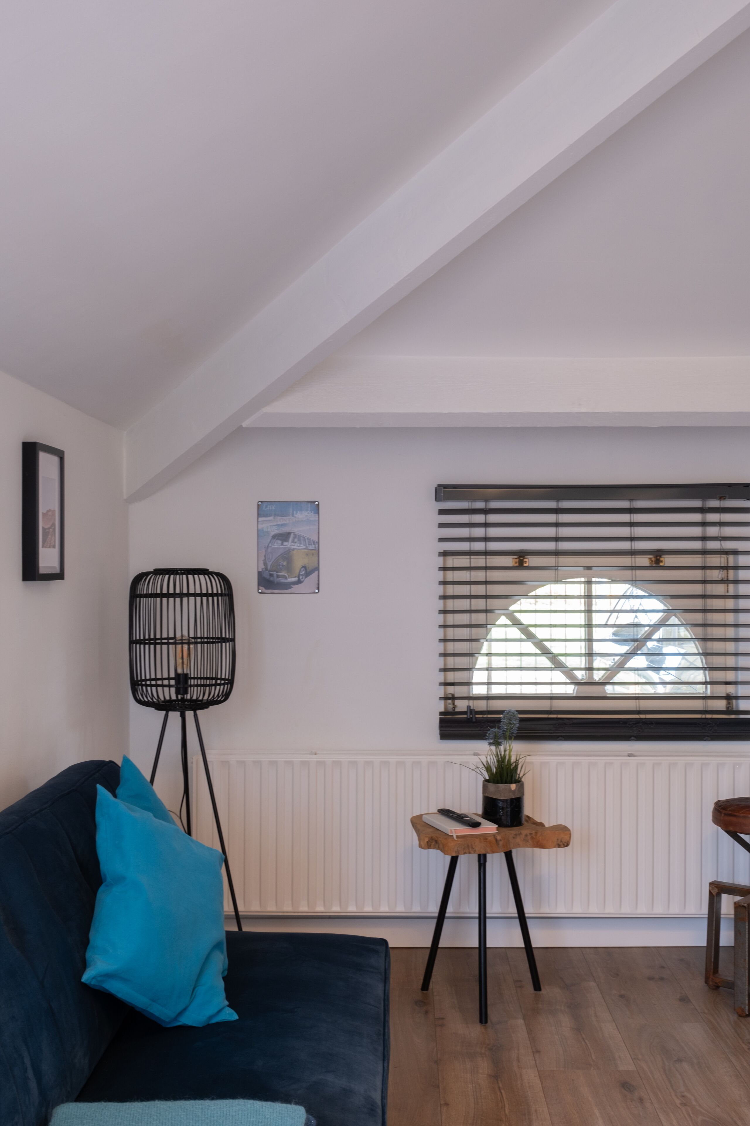 A modern living room with a dark blue sofa, a black wireframe chair, a small wooden table with a plant, and a window with blinds.