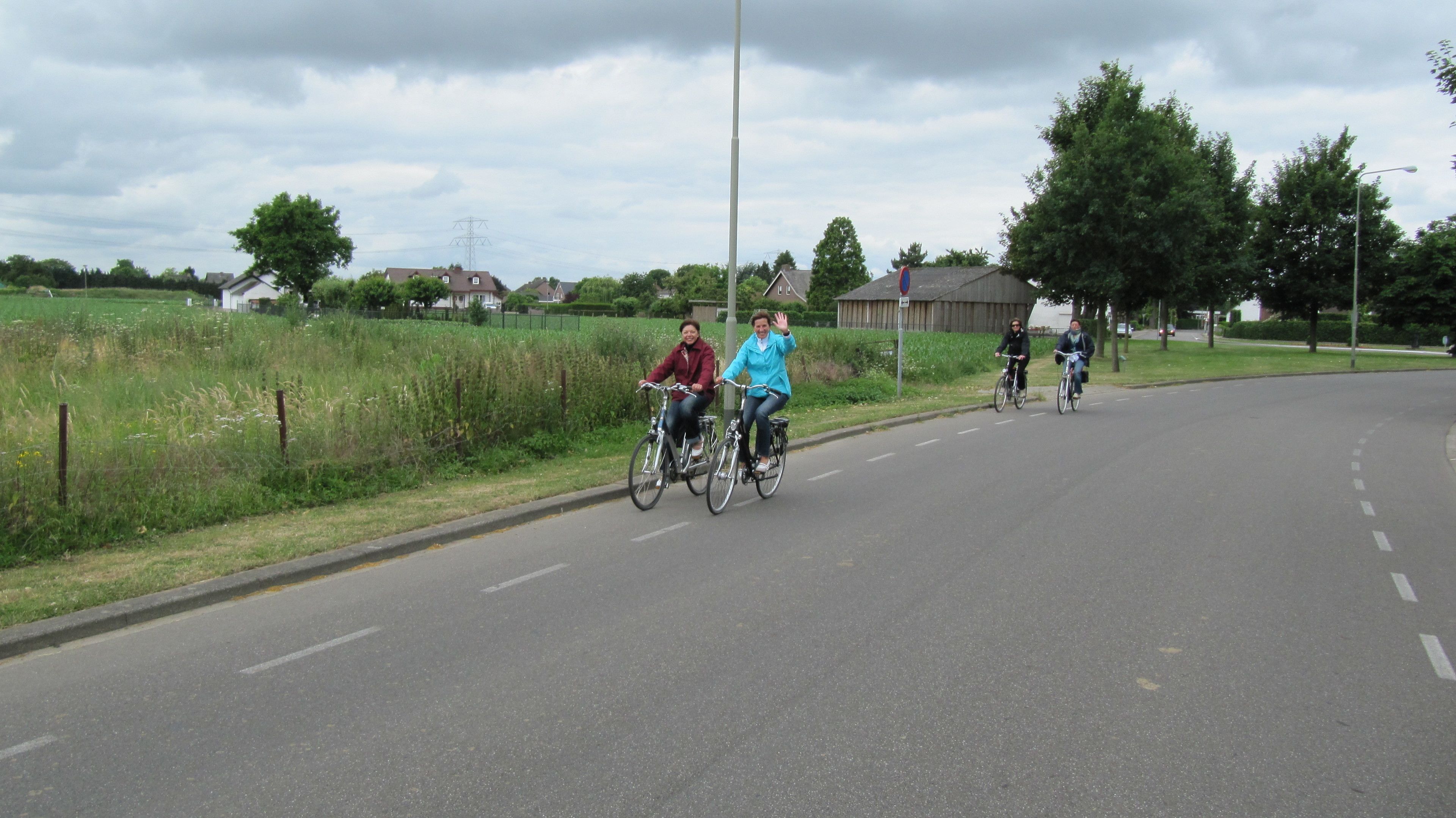 A paved road with cyclists, surrounded by greenery and houses.