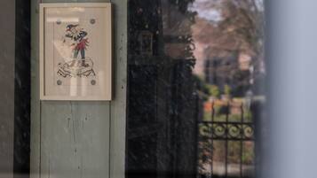 A framed picture on a light-colored wall, a metal gate, and a tree in the background.
