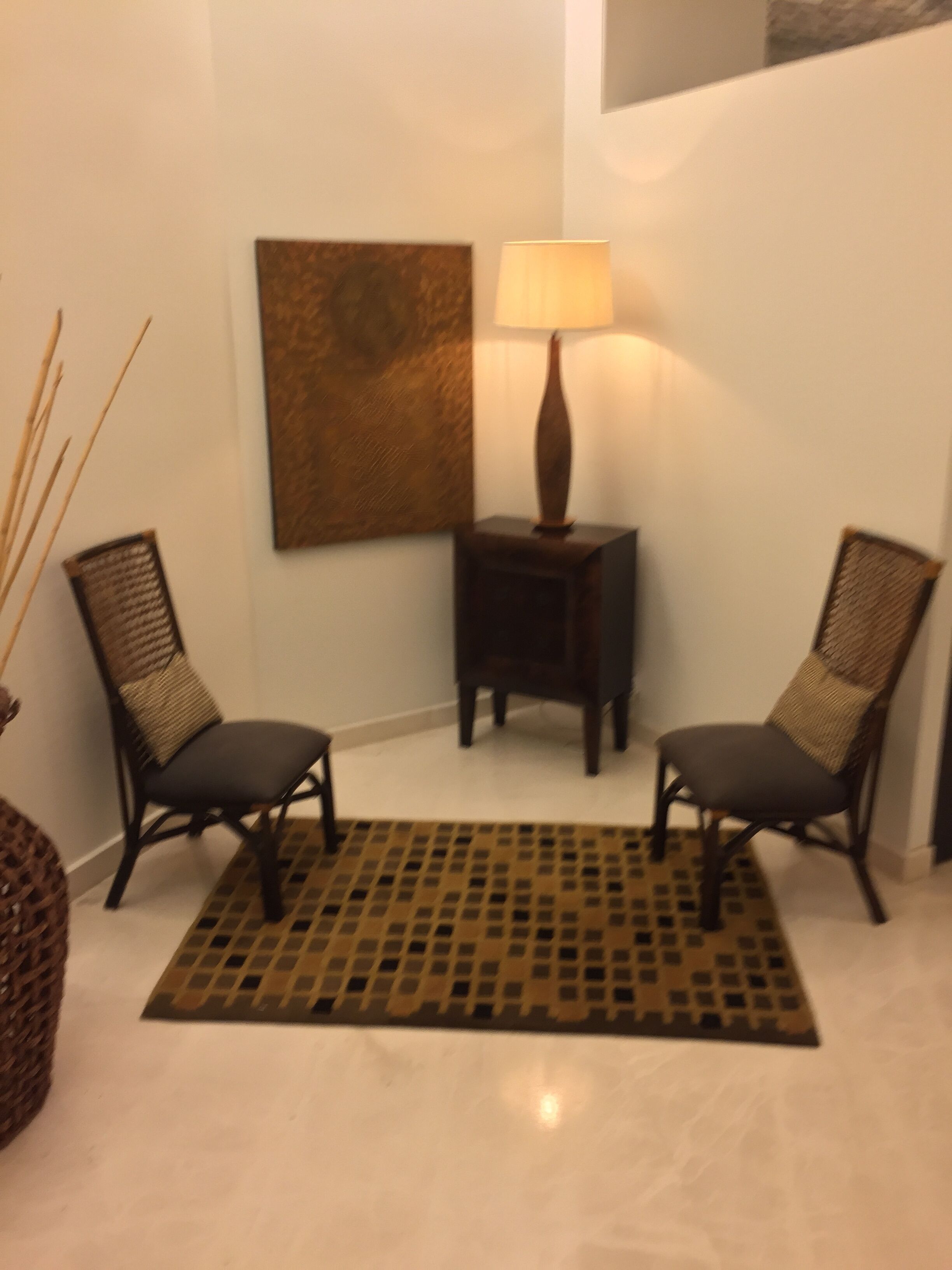 Habitación de esquina con dos sillas, una mesita con lámpara, un tapete estampado y una obra de arte en la pared.