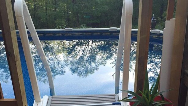 Eine Holzterrasse mit Blick auf einen Pool, einem Blumentopf und einer Poolleiter.