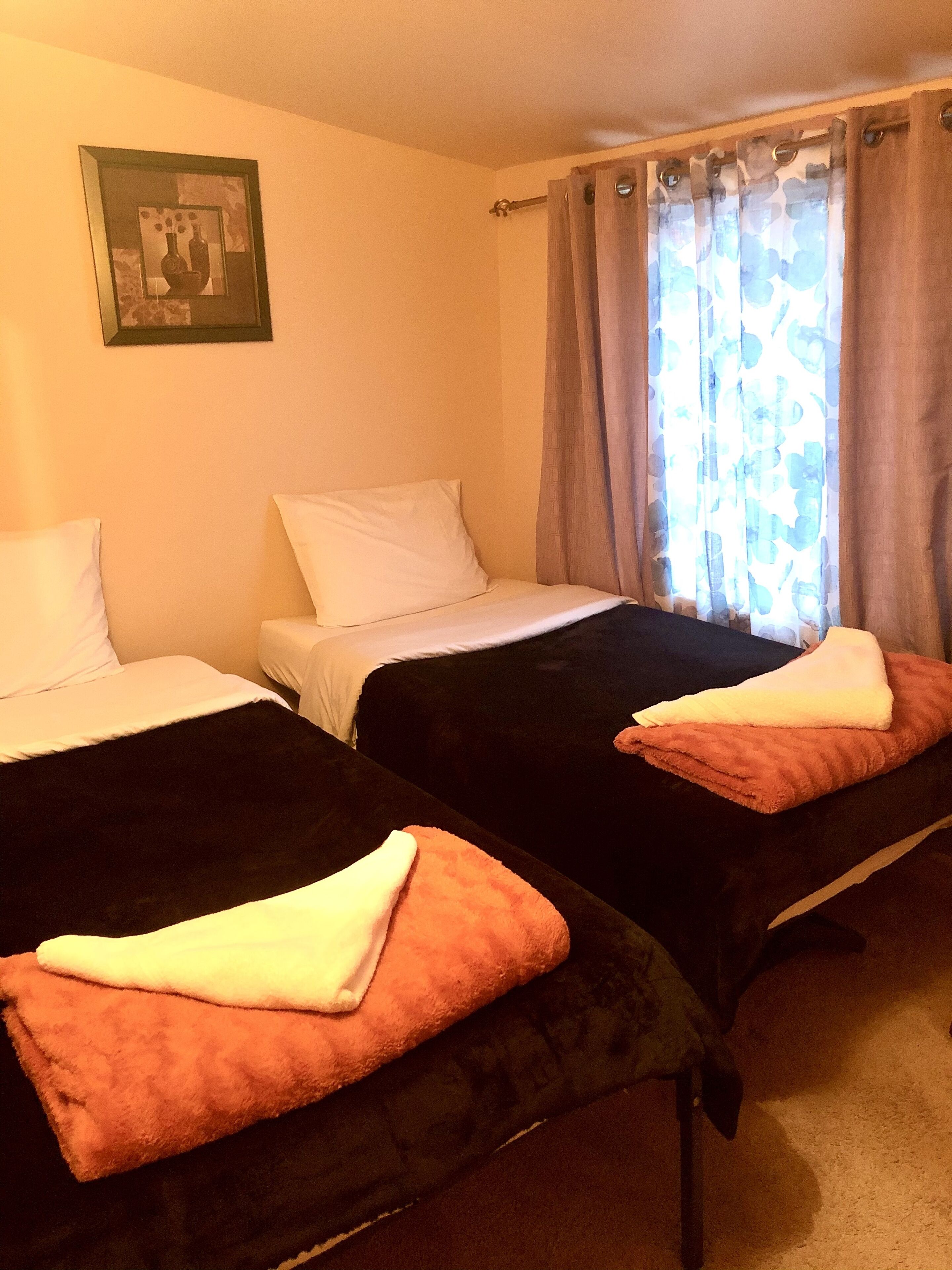 A room with two beds, each with a pillow and a blanket. There is a framed picture on the wall.