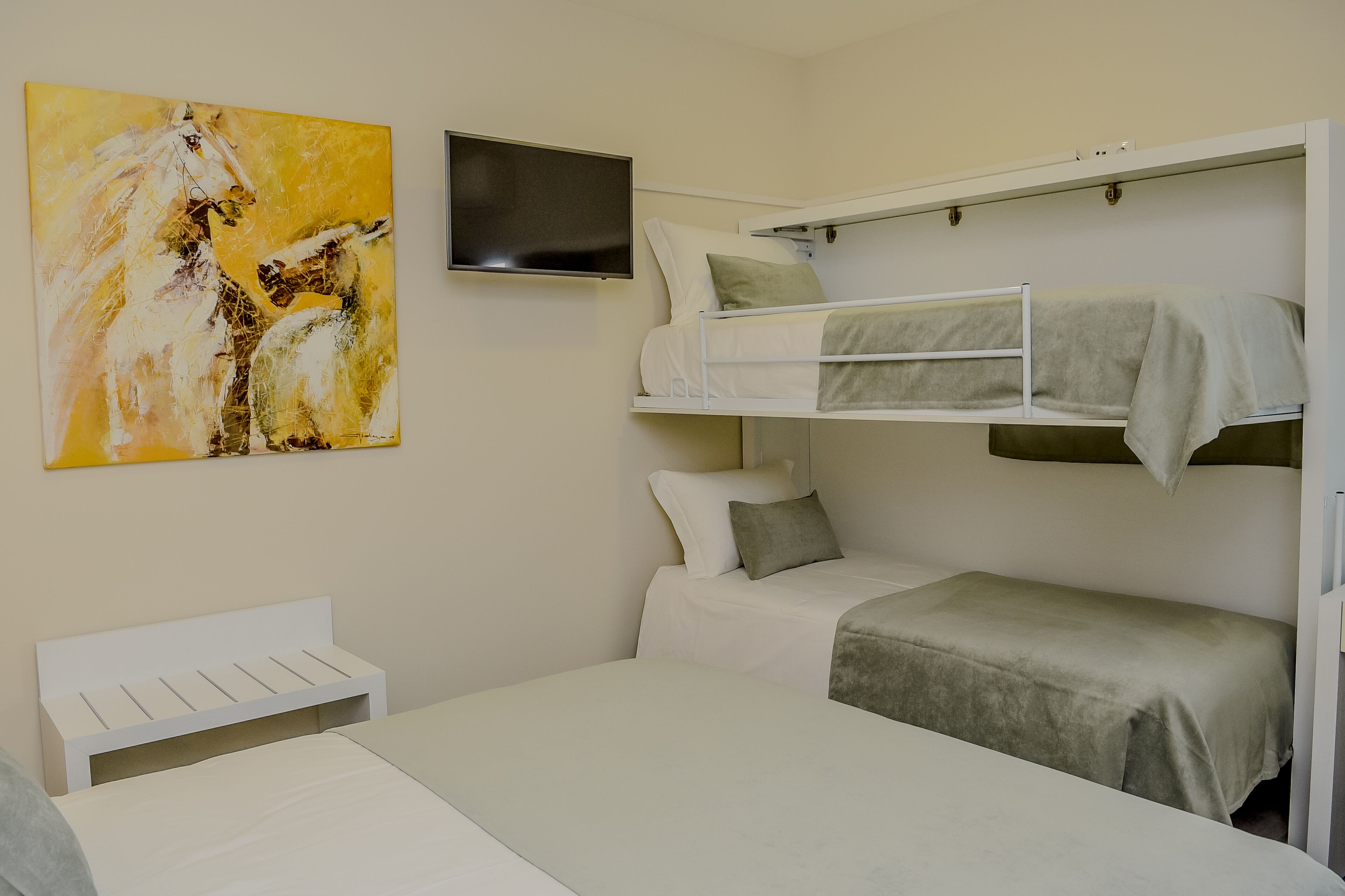 A bunk bed room with a television on the wall and a painting.
