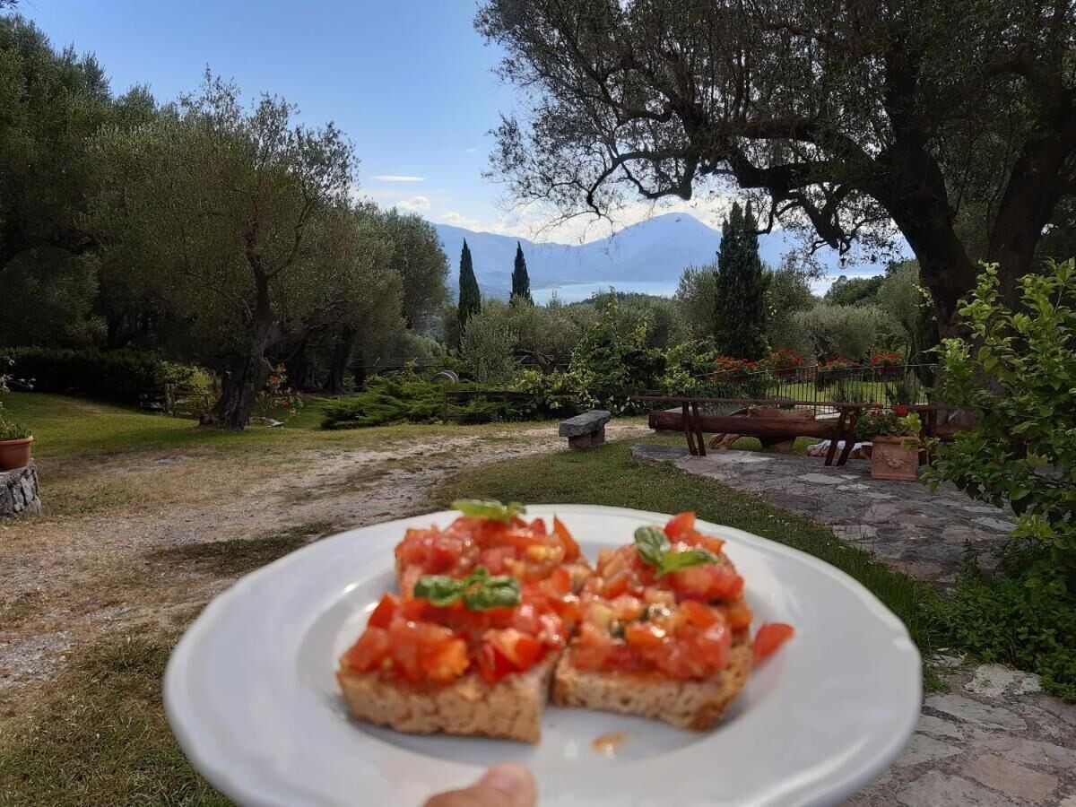Una fuente de bruschetta con tomates y albahaca, sobre un plato blanco, con un jardín, árboles y una montaña al fondo.