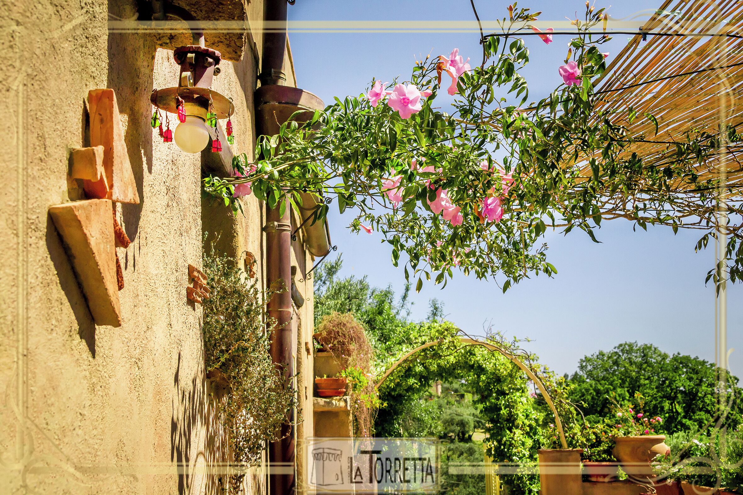 A street view with a sign reading 'Torrette,' a building with a rustic facade, and a tree with pink flowers.