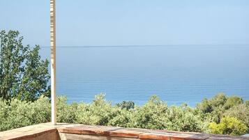 A glass table under a woven shade, overlooking a coastal landscape.