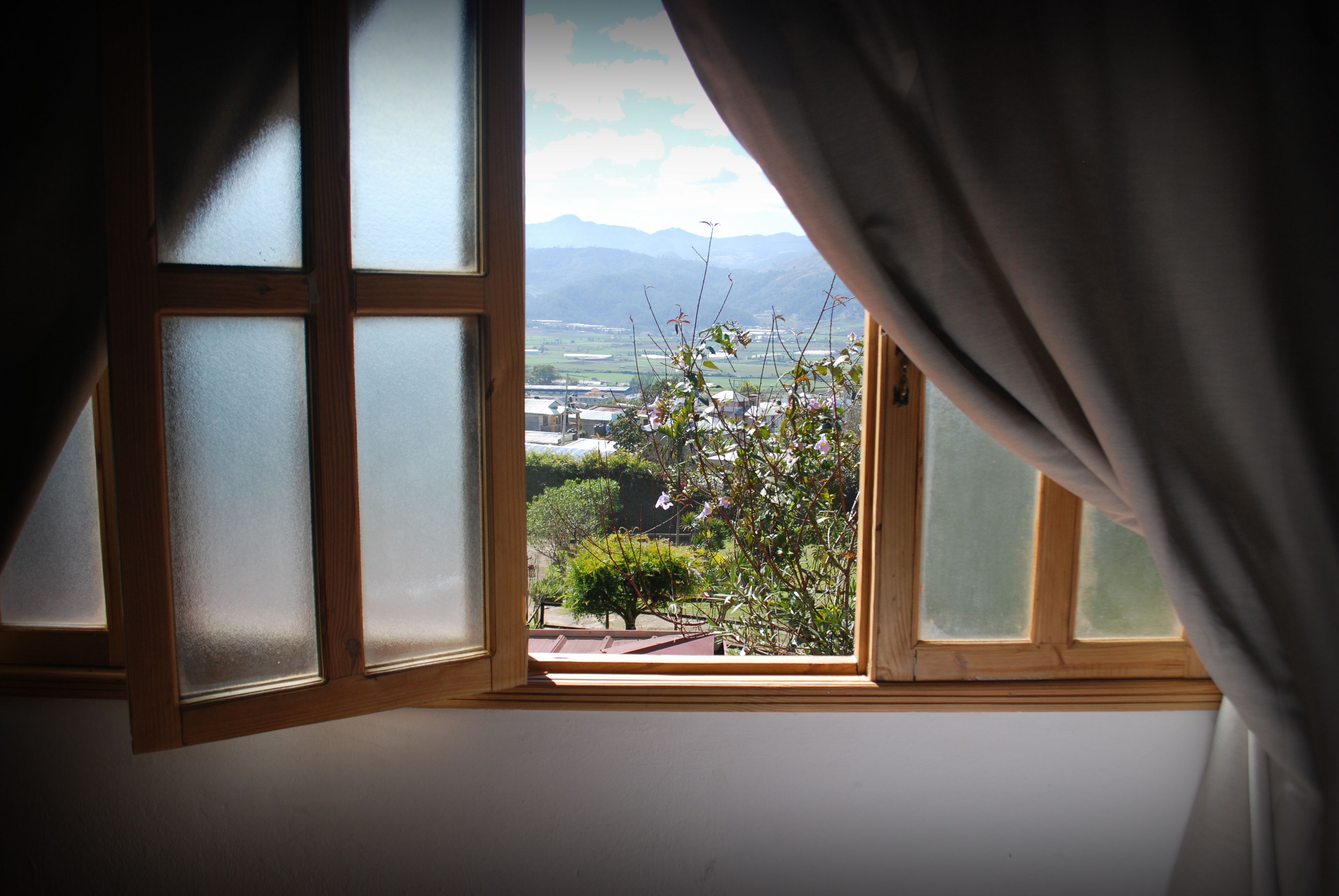 Ventana con vidrios esmerilados, vista a un paisaje con montañas y árboles, y una cortina medio bajada.