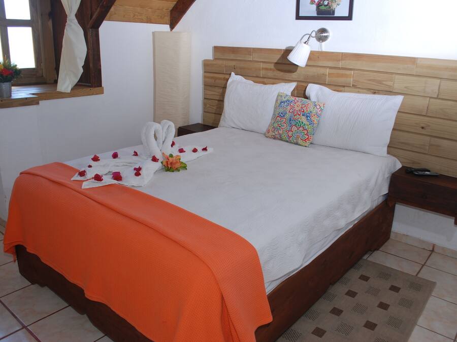 Una cama bien hecha con un edredón naranja, almohadas blancas y una almohada de colores. Hay una mesita de noche con una lámpara, una ventana con cortinas y una planta pequeña en el alféizar.