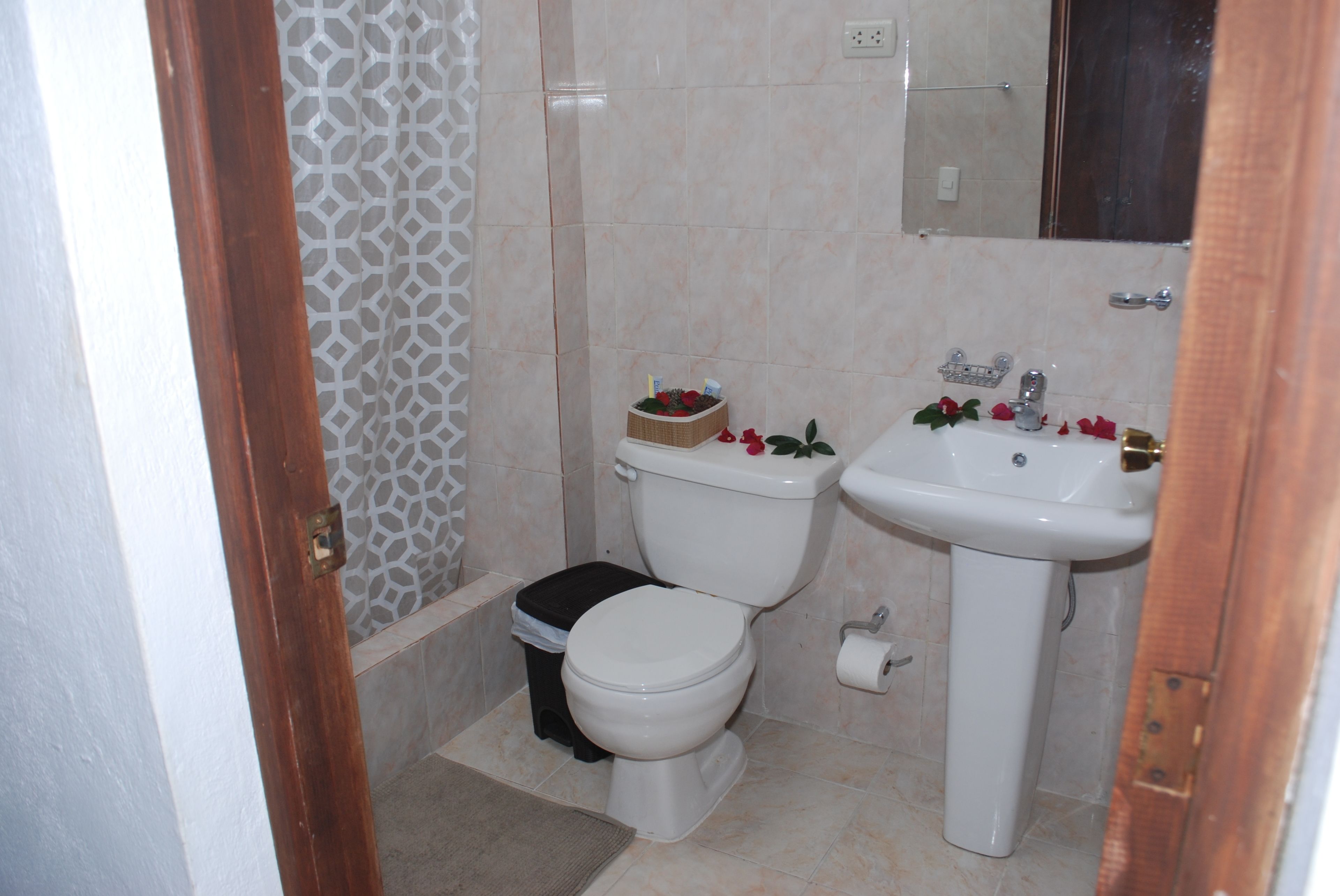Casa de banho com sanita, lavatório e um pequeno contentor de lixo.