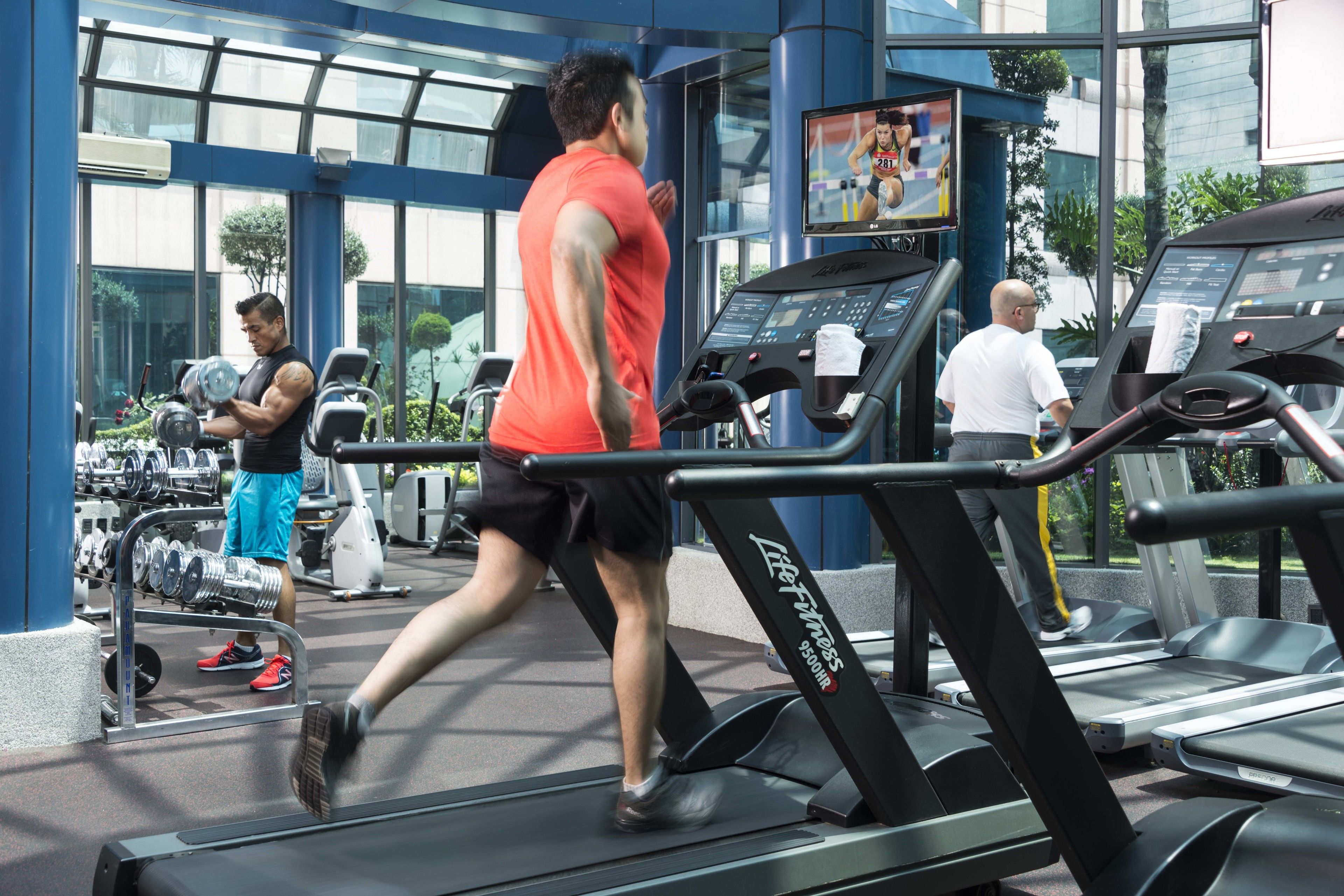 A gym with treadmills, weights, and a TV screen displaying a running event.