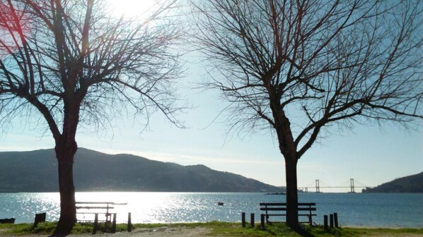 A lakeside view with a bench and trees, a distant bridge, and mountains in the background.