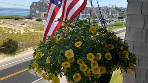 A hanging American flag and a planter with yellow flowers on a porch. - Stunning beach views on Over the Dunes - White Horse Beach, Plymouth (Plymouth)