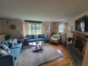 TV, caminetto, tavolo da ping pong, libri